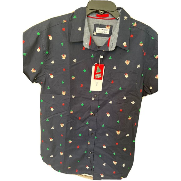 EIGHTH AVENUE MENS SHORT SLEEVE BUTTON FRONT CHRISTMAS THEMED SHIRT SM‎ Slim Fit - Picture 1 of 12